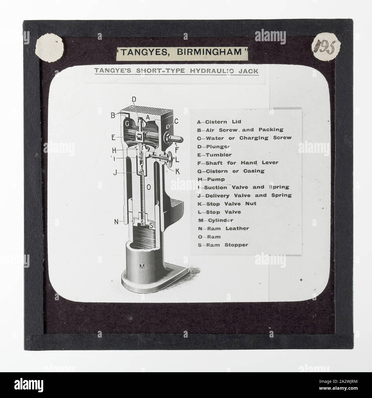 Lantern Slide - Tangyes Ltd, Lifting Jack Diagram, circa 1910, One of 239 glass lantern slides depicting products manufactured by Tangyes Limited engineers of Birmingham, England. The images include various products such as engines, centrifugal pumps, hydraulic pumps, gas producers, materials testing machines, presses, machine tools, hydraulic jacks etc. Tangyes was a company which operated from 1857 to 1957. They produced a wide variety of engineering Stock Photo