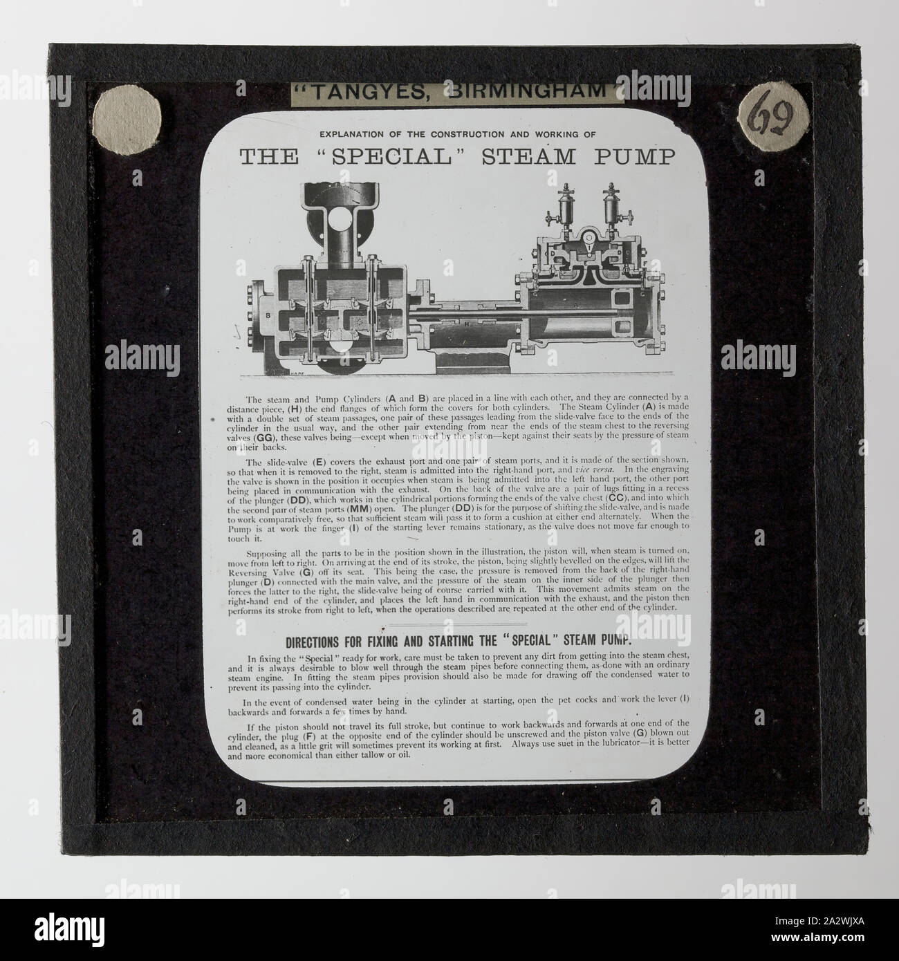 Lantern Slide - Tangyes Ltd, Special Steam Operated Positive Displacement Pump Advertisement, circa 1910, One of 239 glass lantern slides depicting products manufactured by Tangyes Limited engineers of Birmingham, England. The images include various products such as engines, centrifugal pumps, hydraulic pumps, gas producers, materials testing machines, presses, machine tools, hydraulic jacks etc. Tangyes was a company which operated from 1857 to 1957. They produced a wide variety of engineering Stock Photo