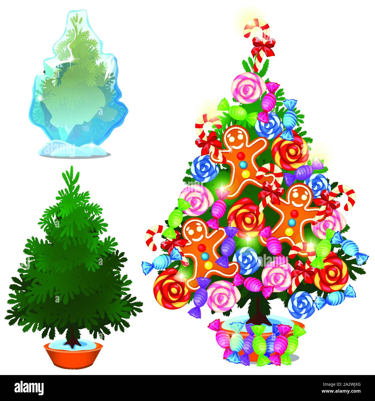 Set of Christmas tree in ice and decorated with sweets and toys isolated on a white background. Sketch of festive poster, party invitation, other Stock Vector