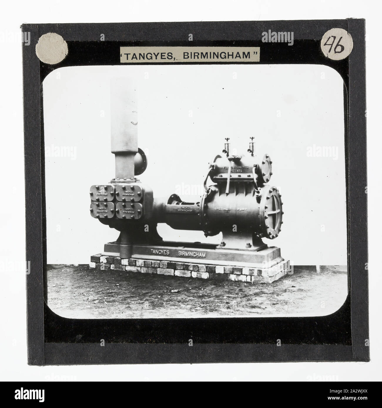Lantern Slide - Tangyes Ltd, Steam Powered Horizontal Simplex Pump with Accumulator, circa 1910, One of 239 glass lantern slides depicting products manufactured by Tangyes Limited engineers of Birmingham, England. The images include various products such as engines, centrifugal pumps, hydraulic pumps, gas producers, materials testing machines, presses, machine tools, hydraulic jacks etc. Tangyes was a company which operated from 1857 to 1957. They produced a wide variety of engineering Stock Photo