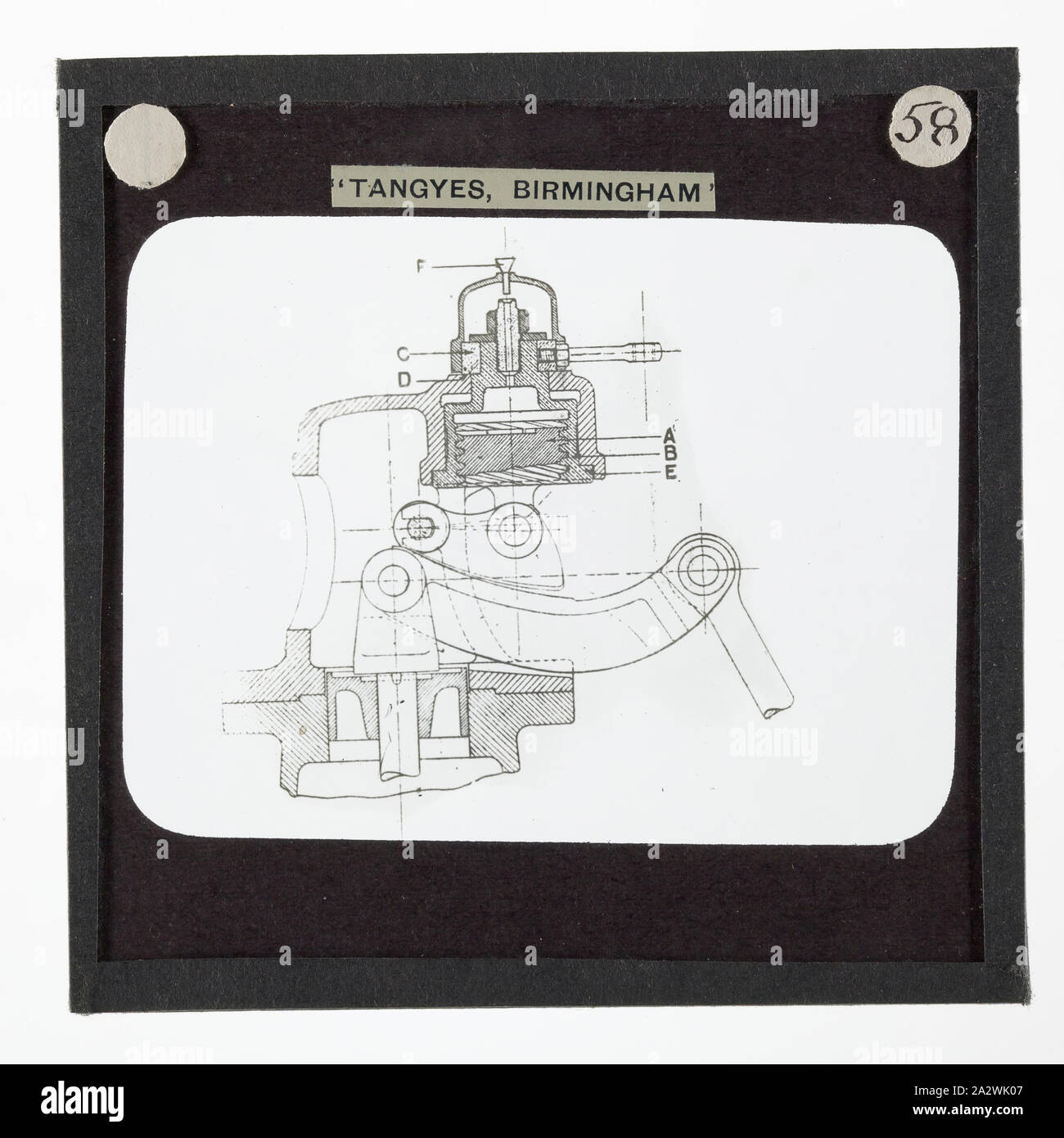 Lantern Slide - Tangyes Ltd, Valve Adjustment Mechanism for Steam Engine, circa 1910, One of 239 glass lantern slides depicting products manufactured by Tangyes Limited engineers of Birmingham, England. The images include various products such as engines, centrifugal pumps, hydraulic pumps, gas producers, materials testing machines, presses, machine tools, hydraulic jacks etc. Tangyes was a company which operated from 1857 to 1957. They produced a wide variety of engineering Stock Photo