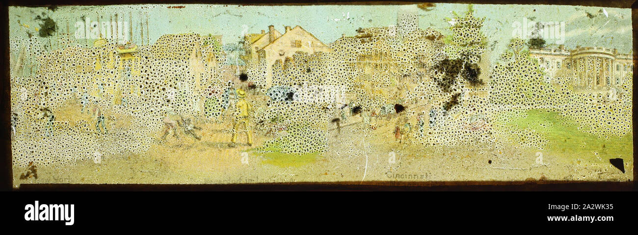 Lantern Slide - Panorama Type, Townscapes from America, circa 1866-1920 (Damaged), Alternative Name(s): Children's Slide; Panorama Magic Lantern Slide. pre-cinematic apparatus and ephemera the Australian and Victorian Governments in 1975. well as being a co-founder of the Museum of the Moving Image in London Stock Photo