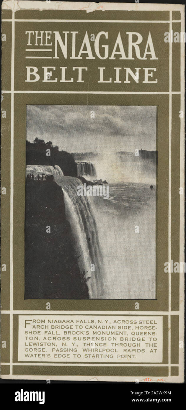 Leaflet - 'The Niagara Belt Line', New York, U.S.A.,1911, 'The Niagara Belt Line' leaflet, issued by the International Railway and Niagara Gorge Railroad in New York, U.S.A. in 1911, provides travel information about the journey around the Niagara Belt Line Stock Photo