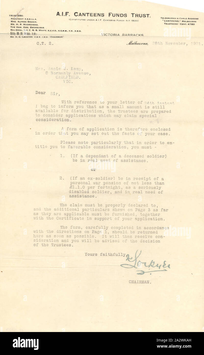 Letter - Australian Imperial Force Canteens Funds Trust to Mrs Annie J. Kemp, 28 Nov 1921, Single-page letter, typed onto letterhead. From the Canteens Funds Trust of the Australian Imperial Force to Annie Josephine Kemp, widow of soldier Private A.E. Kemp (who died on 21 September 1917 in Belgium). She has apparently written to request funds from the Canteens Funds Trust, and the letter in return originally enclosed a form for her to complete. The recepient had to be 'in real need of Stock Photo