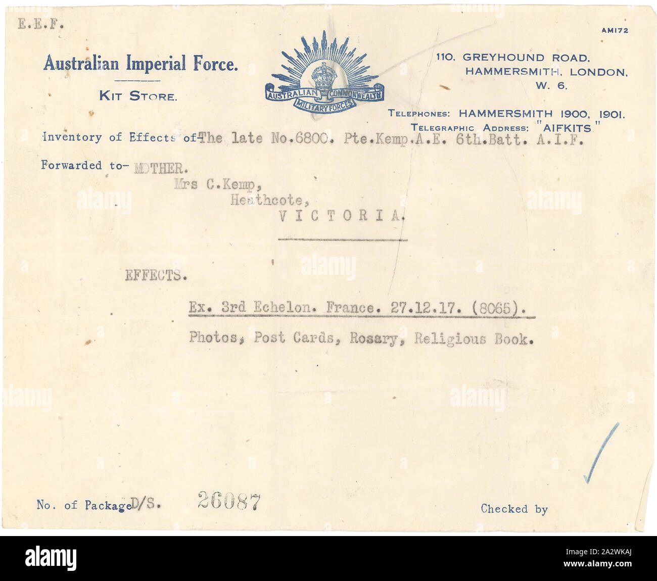 Letter - Australian Imperial Force, Inventory of Personal Effects, May 1918, Letter from the Australian Imperial Force Kit Store, London, to Mrs C. Kemp of Heathcote relating to the return of personal effects from her husband, Private A. E. Kemp, a World War I soldier killed in action. It probably dates to May 1918. The letter lists the effects in an accompanying parcel: photos, post cards, a rosary and a religious book. Unfortunately, the parcel should have been sent to Stock Photo