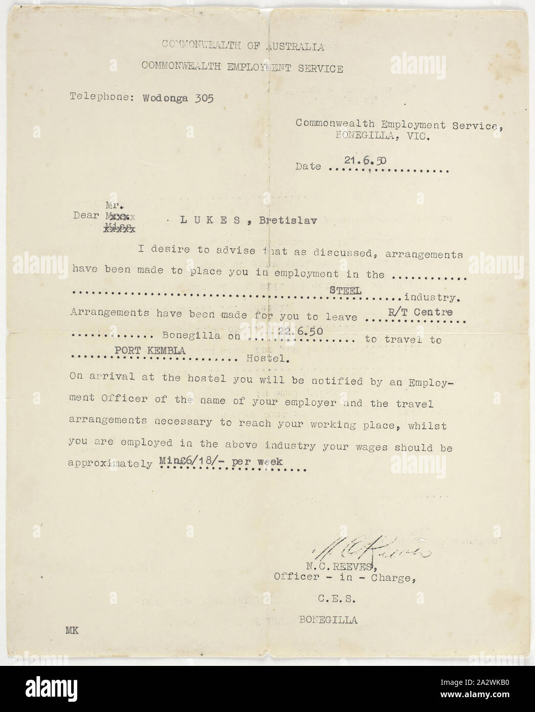 Letter - Commonwealth Employment Service to Bretislav Lukes, Bonegilla, 21 Jun 1950, Form letter from Commonwealth Employment Service, Bonegilla, to Bretislav Lukes regarding work placement in steel industry at Port Kembla, dated 21 June 1950. Born 12 January 1922 in Stankou in Czechoslovakia, Bretislav claims to have worked for the Germans during the war in Junkers aircraft factory. He migrated to Australia in 1950 after spending time in an IRO camp following World War Two Stock Photo