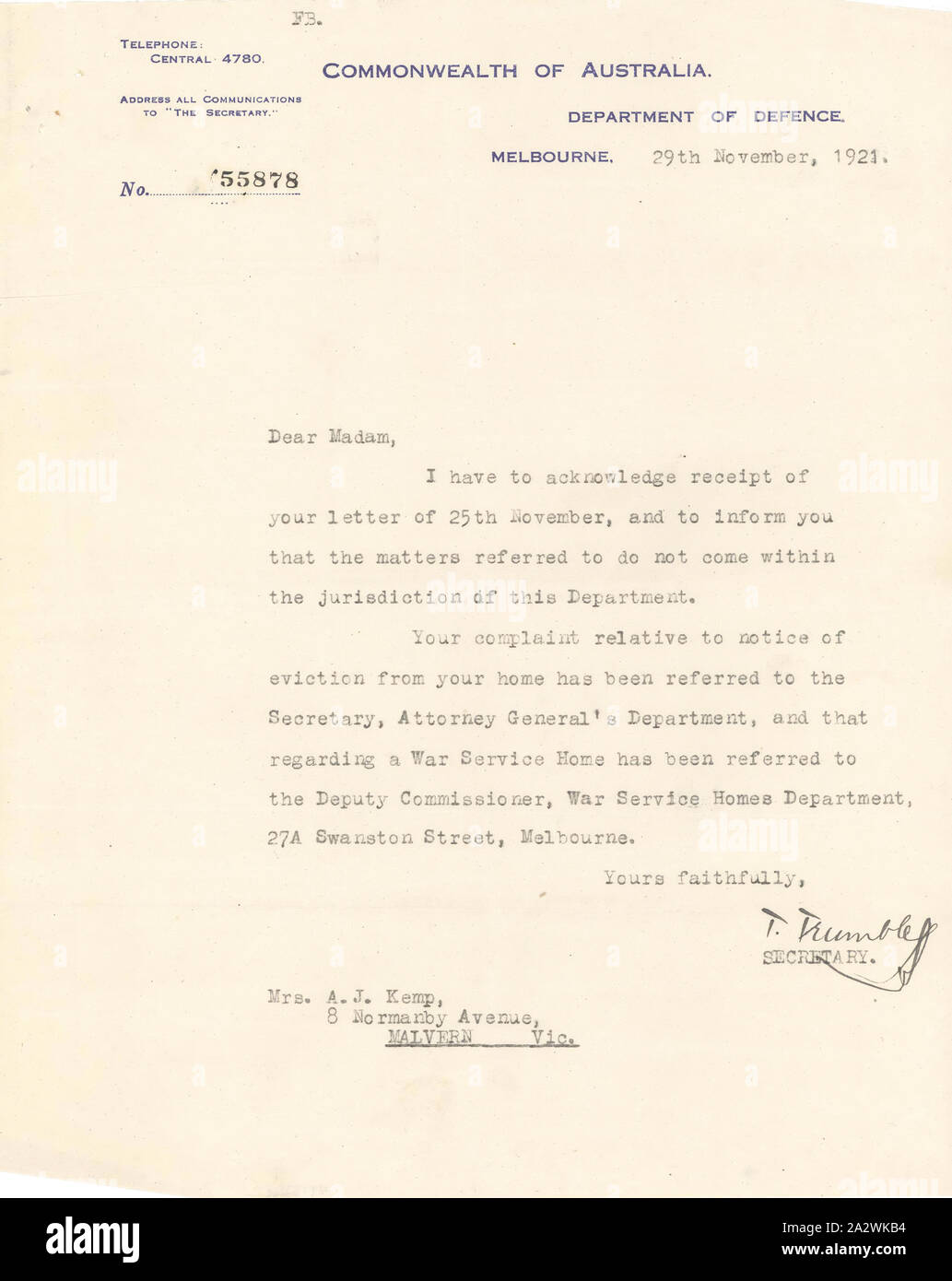 Letter - Department of Defence to Mrs A. J. Kemp, Eviction from Home, 29 Nov 1921, Letter to Annie Kemp, who was widowed during World War I, relating to her complaint about a notice of eviction from her home at 8 Normanby Ave, Malvern. The letter notes that her complaint has been referred to the Attorney General's Department, and that regarding a War Service home has been referred to the War Service Homes Department. Annie had two children to support and was struggling Stock Photo