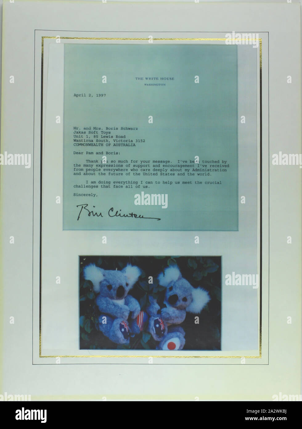 Letter - Jakas Soft Toys, Melbourne, 1997, Mounted photocopy of a letter from U.S. President Bill Clinton, dated 2 April 1997, to Mr and Mrs Boris Schwarz thanking them for their message of support. Jakas Soft Toys was a Melbourne-based company which designed and manufactured genuine high quality soft toys from 1956. Their designs included a range of teddy bears, golliwogs, animals and birds. Jakas Soft Toys ceased production in December Stock Photo