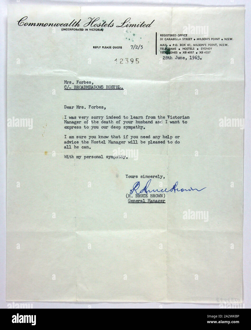 Letter of Condolence - To Sylvia Forbes from General Manager, Commonwealth Hostels Ltd, New South Wales, 28 Jun 1963, Letter of condolence to Sylvia Forbes from R. Bruce Brown, General Manager, Commonwealth Hostels Ltd regarding her husband James Forbes who died in an industrial accident on 20 June 1963. The letter expresses his sympathy and offers the assistance of the Broadmeadows Hostel Manager where the family resided. James was employed by Stanton Pipes at the time, when he sustained a head injury in Stock Photo