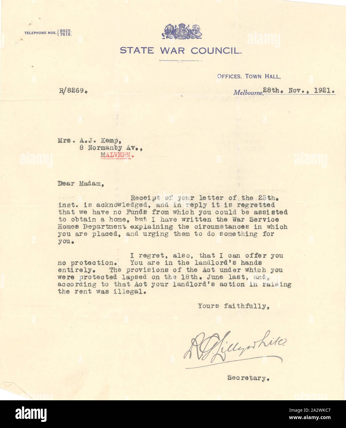 Letter - State War Council Secretary to Mrs A. J. Kemp, Request for Funds, 28 Nov 1921, Addressed to Annie Kemp, widow of Pte Albert Edward Kemp, who was killed in action in 1917, during World War I. The letter declines her request for financial support, but refers her onto the War Service Homes Department Stock Photo