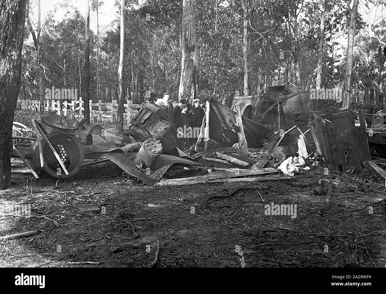 Negative - Mullungdung, Victoria, circa 1915, The remains of a locomotive boiler after it had exploded Stock Photo