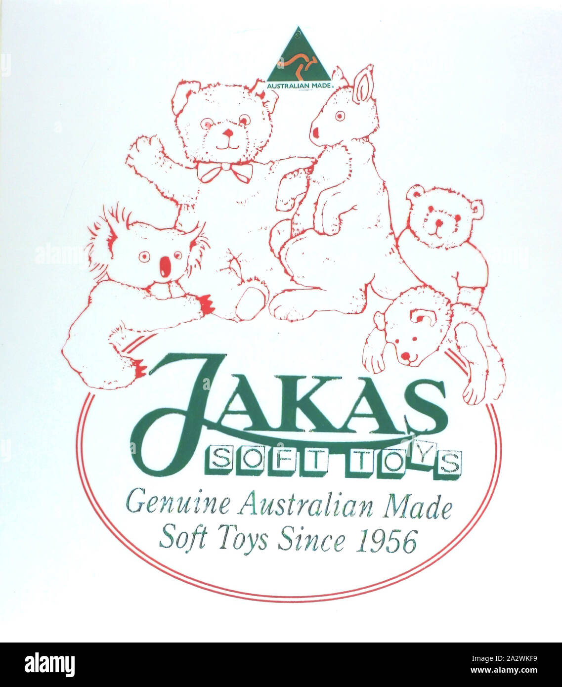 Logo design - Jakas Soft Toys, Melbourne, 1995-1998, Enlarged colour print of the Jakas Soft Toys logo design. Jakas Soft Toys was a Melbourne-based company which designed and manufactured genuine high quality soft toys from 1956. Their range included teddy bears, golliwogs, animals and birds. They ceased production in the late 1990s outlasting many local toy manufacturers competing with cheaper overseas imports Stock Photo