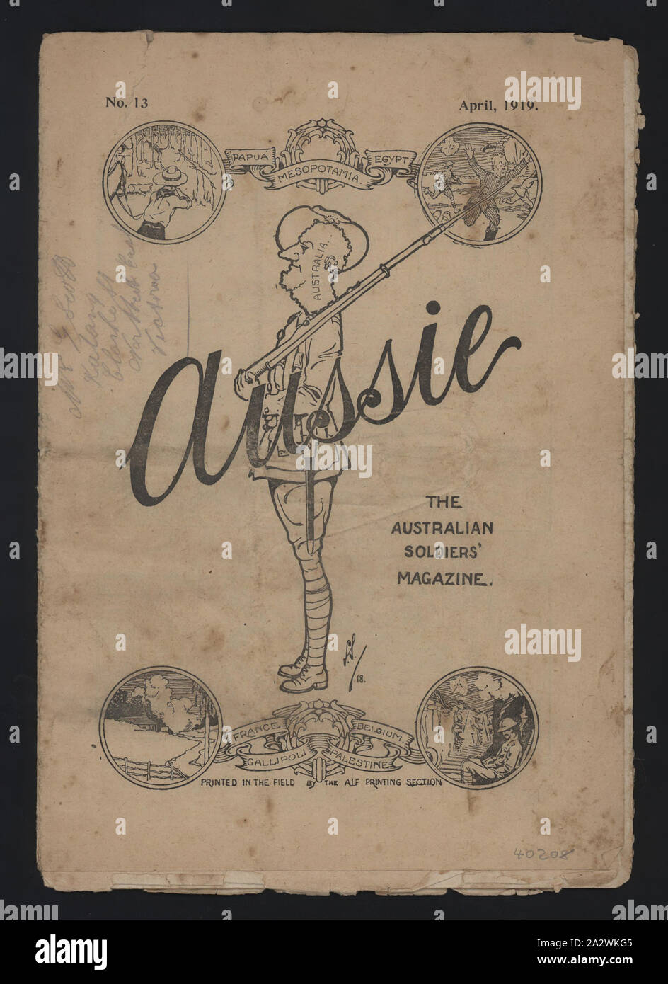 Magazine - 'Aussie', No. 13, Apr 1919, Issue no.13, April 1919, of World War I-era publication titled 'Aussie', 'The Australian Soldiers' Magazine'. Printed in the field by the AIF Printing Section. One of a collection of copies of 'Aussie' magazines in Museum Victoria's collection dated 5 June 1918 - 15 January 1929. 'Aussie' (1918- circa 1929) was a commercial magazine of opinion, review and entertainment. It was edited by Phillip Stock Photo