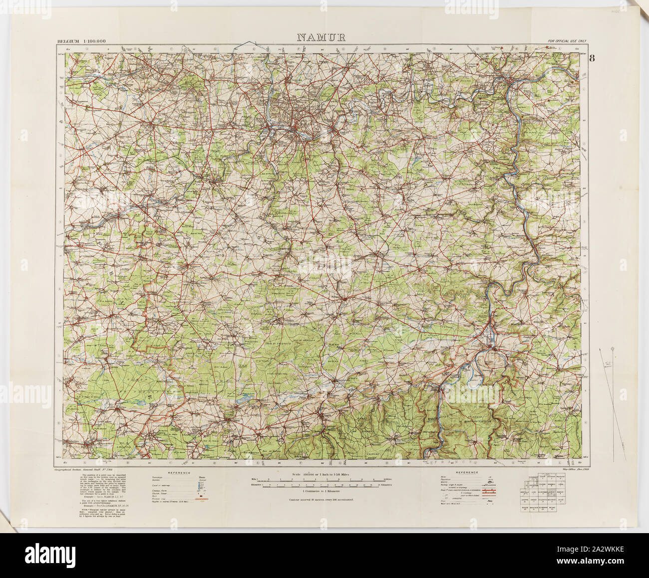 Map - Military, Belgium, Namur 8, General Staff no. 2364, Scale 1:100,000, World War I, 1910, Military map of Belgium, Namur area (a hand-written inscription identifies it as Namur 8 district), scale 1:100,000, published in 1910. The map is labelled General Staff No. 2364. It would have been used during World War I. Maps of this scale lacked the detail needed for trench warfare, instead providing an overview of regions for the use of senior commanders. Part of the collection of World Stock Photo