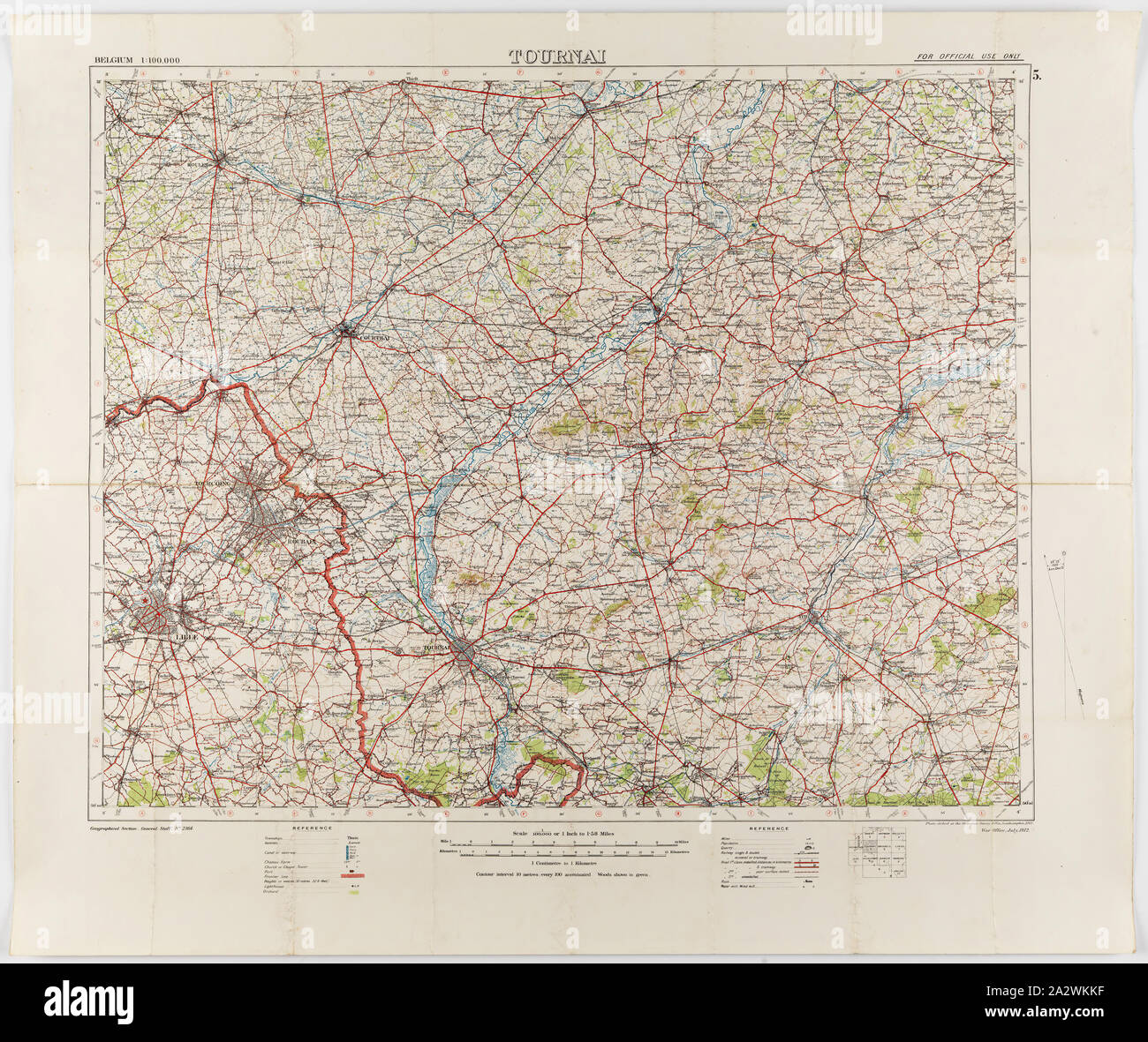 Map - Military, Belgium, Tournai 5, Scale 1:100,000, World War I, Jul 1912, Map of Belgium - Sheet Tournai, 5, scale 1:100,000. The map was photo-etched at the Ordnance Survey Office, Southampton, in 1912, and was published by the War Office, July 1912. The map is labelled Geographical Section, General Staff, No. 2364. It would have been in use during World War I. Part of the collection of World War I memorabilia donated by Sergeant John Lord (#6252). John Lord was 19 Stock Photo
