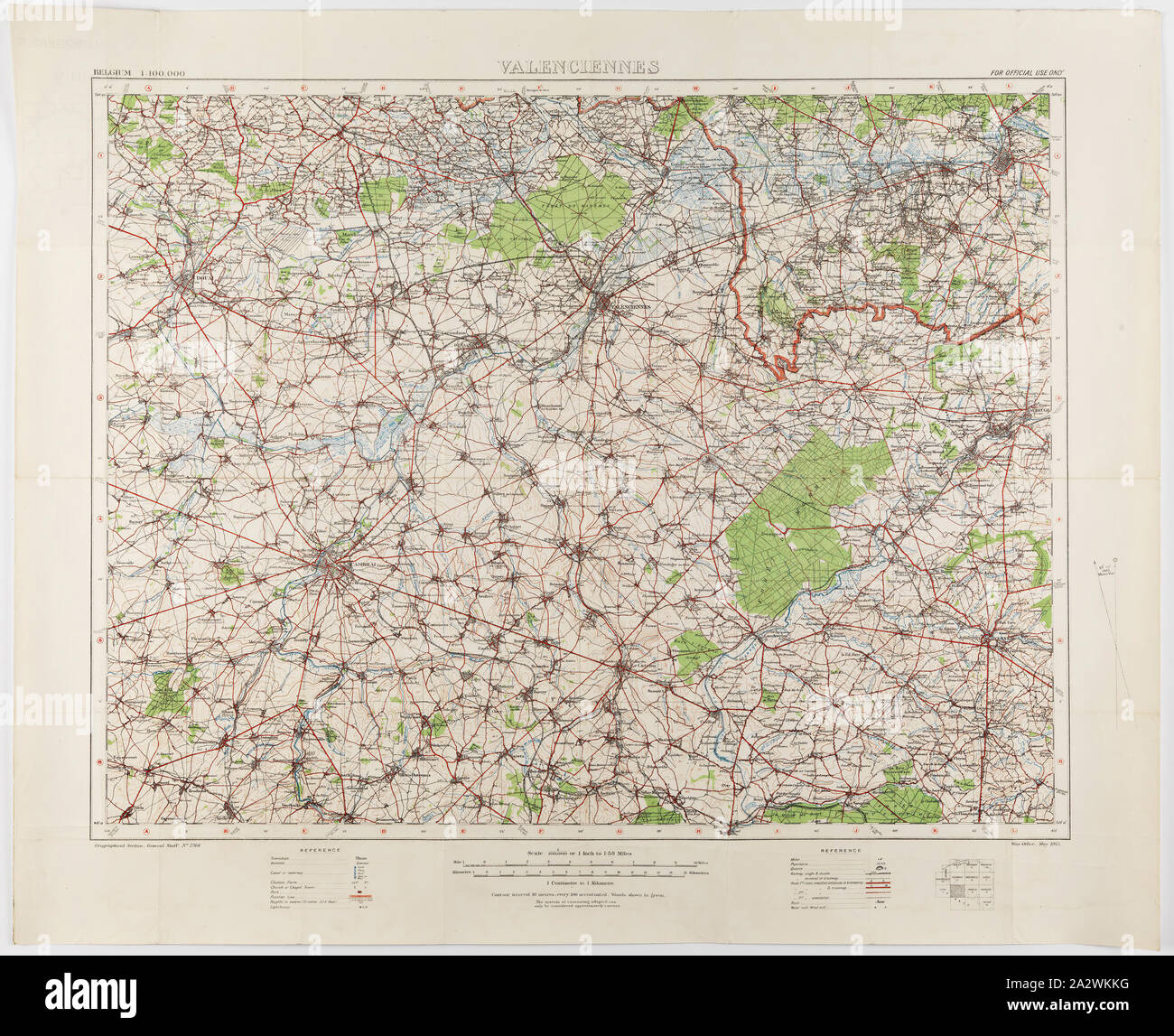 Map - Military, Belgium, Valenciennes 12, Scale 1:100,000, World War I, 1914-1918, Military map of Belgium, Valenciennes 12 region, scale 1:100,000. The map would have been used during World War I. Maps of this scale lacked the detail needed for trench warfare, instead providing an overview of regions for the use of senior commanders. Part of the collection of World War I memorabilia donated by Sergeant John Lord (#6252). John Lord was 19 years old when he enlisted with Stock Photo