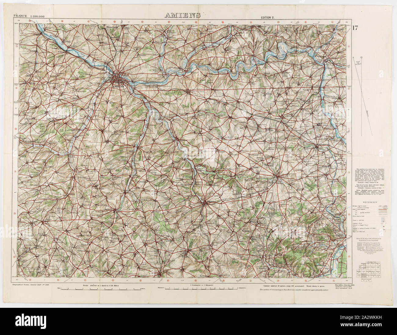 Ordnance Survey Map France Map - Military, France, Amiens 17, Scale 1:100,000, Edition 2, World War I,  1 Oct 1916, World War I Military Map Of Amiens, Sheet 17, France, Scale  1:100,000, Edition 2, Published By