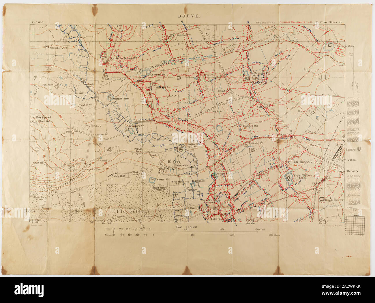 Map - Military, Trench, France, Douve, Sheet 28, Scale 1:5,000, World War I, May 1917, Alternative Name(s): Military Map Ordnance Survey trench map, Douve, France, World War I, dated May 1917. Part of sheet 28. Scale 1:5,000. Trenches corrected to 1:4:17. Used by Captain Morris Lewis during World War I, the map is inscribed 'M. Lewis. Lieut.' Captain Morris Lewis, 44th Battalion, Third Division, First AIF, was born in Wales in 1892 of Jewish heritage. He was a 23-year-old tailor Stock Photo