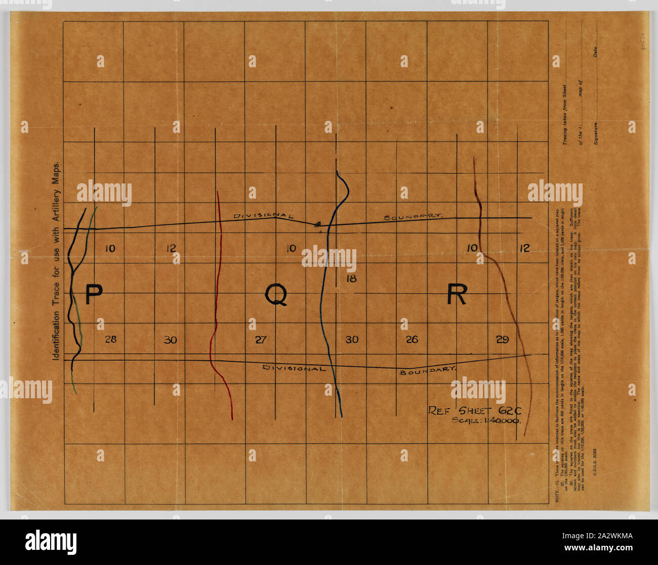 Identification Trace Map - Military, 'For Use With Artillery Maps', Sheet 62c, Scale 1:40,000, World War I, 1914-1918, Alternative Name(s): Map Overlay Medium light brown map on tracing paper, World War I, titled 'Identification trace for use with artillery maps'. It is inscribed 'G.S.G.S. 3023': Geographical Section of the General Staff, British Expeditionary Force. The identification trace map was printed as means of transferring the position of targets located on more detailed artillery maps of scale Stock Photo