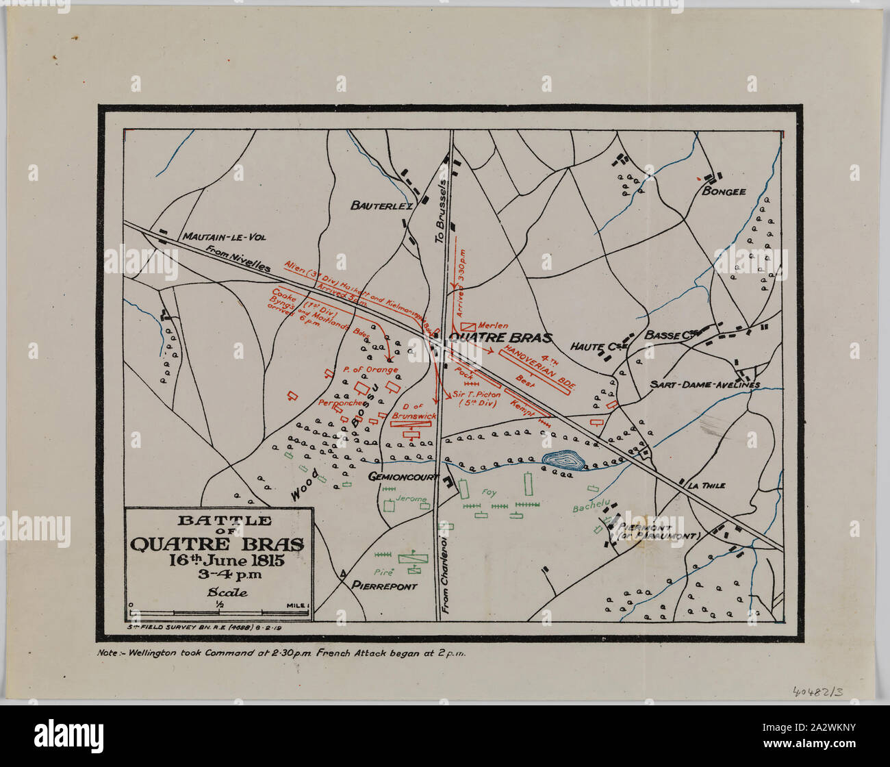 Map - Battle of Quatre Bras, Waterloo Campaign, 16 Jun 1815, 5th Field Survey, 8 Feb 1919, Map depicting the Battle of Quatre Bras, 16 June 1815. It was fought two days before the Battle of Waterloo. Part of a set of information about the Waterloo Campaign, 1815, comprising three maps, two memos and two tables, sent from the headquarters of the 4th Australian Division, to several of its units, on 15 and 16 March 1919, shortly after World War I. The maps depict the Battle of Quatre Stock Photo