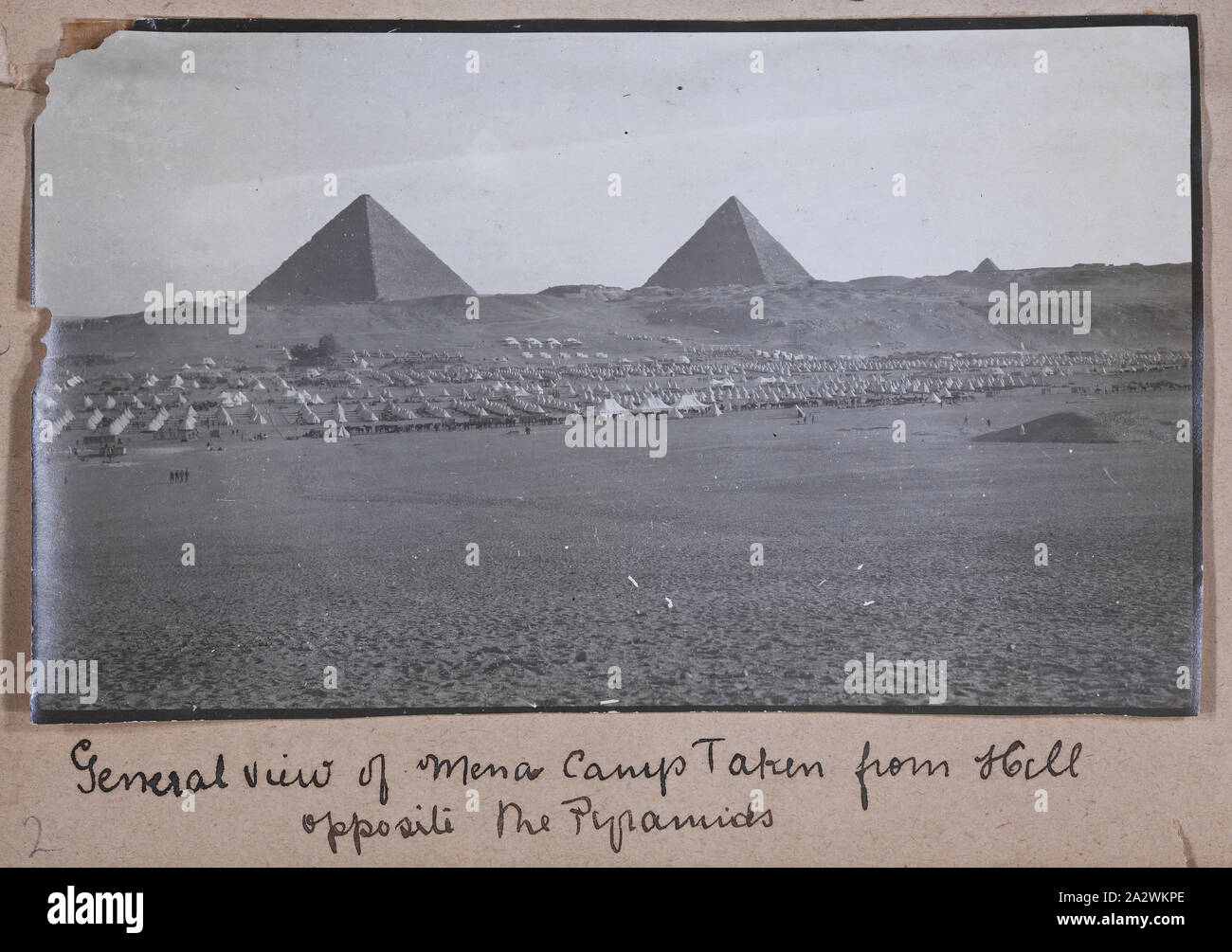 Photograph - Mena Camp & Pyramids, Egypt, Captain Edward Albert McKenna, World War I, 16 Dec 1914, One of 139 photographs in an album from World War I likely to have been taken by Captain Edward Albert McKenna. The photographs include the 7th Battalion training in Mena Camp, Egypt, and sight-seeing. Image depicting Mena Camp, Egypt, with Pyramids at Giza in the background. Mena Camp was one of three training camps in Egypt that were used by the A.I.F. and the N.Z.E.F Stock Photo
