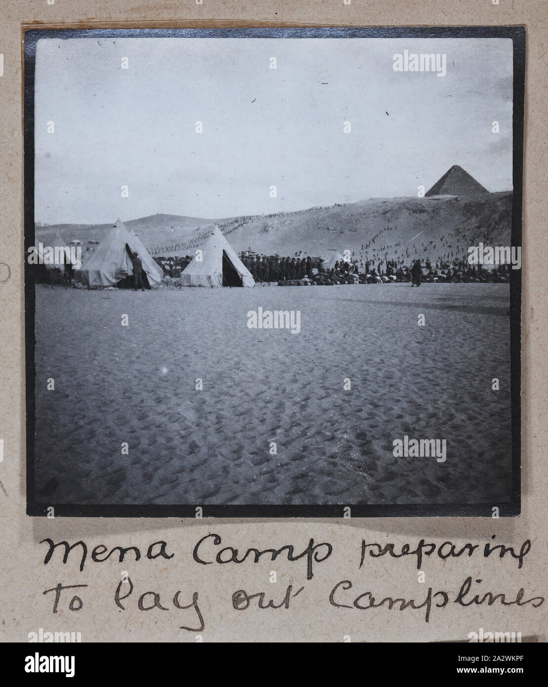 Photographs - 'Mena Camp', Egypt, Captain Edward Albert McKenna, World War I, 1914-1915, One of 139 photographs in an album from World War I likely to have been taken by Captain Edward Albert McKenna. The photographs include the 7th Battalion training in Mena Camp, Egypt, and sight-seeing. Image depicting the laying out of the camplines around Mena Camp, Egypt. Mena Camp was one of three training camps in Egypt that were used by the A.I.F. and the N.Z.E.F Stock Photo