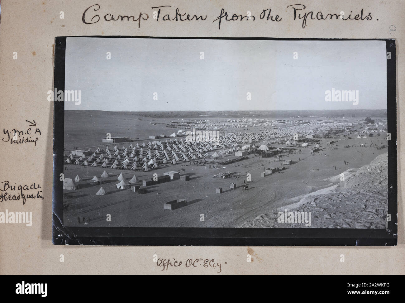 Photograph - Mena Camp from the Pyramids, Egypt, Captain Edward Albert McKenna, World War I, 1914-1915, One of 139 photographs in an album from World War I likely to have been taken by Captain Edward Albert McKenna. The photographs include the 7th Battalion training in Mena Camp, Egypt, and sight-seeing. Image of Mena Camp, Egypt, taken from the Pyramids at Giza. Mena Camp was one of three training camps in Egypt that were used by the A.I.F. and the N.Z.E.F Stock Photo