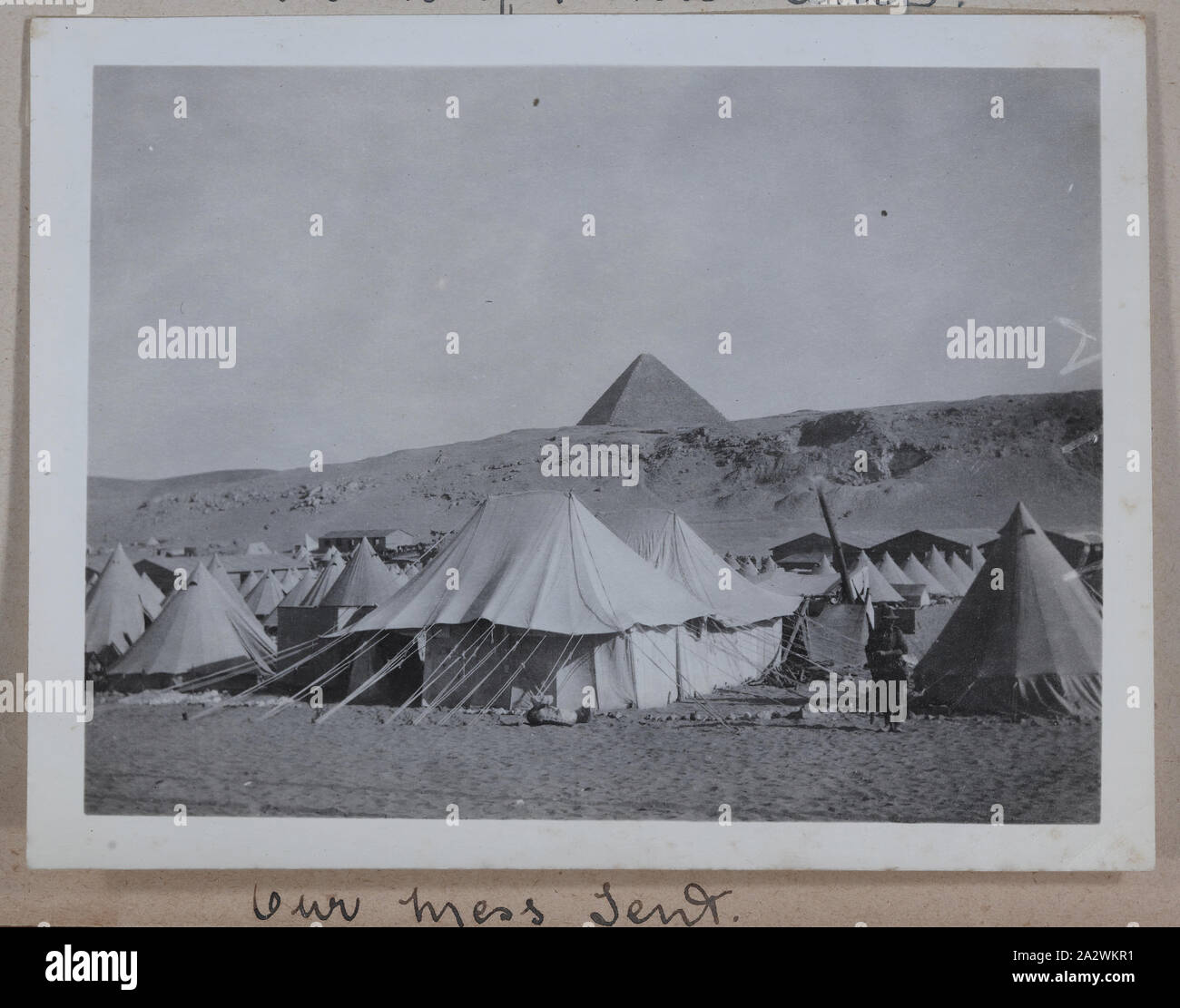 Photograph - 'Our Mess Tent', Egypt, Captain Edward Albert McKenna, World War I, 1914-1915, One of 139 photographs in an album from World War I likely to have been taken by Captain Edward Albert McKenna. The photographs include the 7th Battalion training in Mena Camp, Egypt, and sight-seeing. Image depicting the Mess Tent at Mena Camp. Mena Camp was one of three training camps used by the A.I.F. and the N.Z.E.F Stock Photo