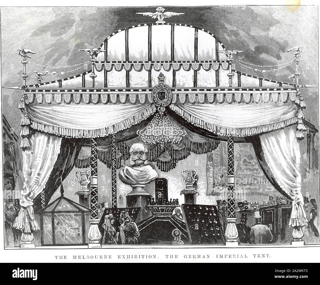 Etching - German Imperial Tent, 1880, Photographic copy of an etching of the German Imperial Tent display at the Melbourne International Exhibition, held in the (Royal) Exhibition Building, Melbourne, 1 October 1880 - 30 April 1881. The etching was in Mr M Clarke's Scrapbook No 4, p16. M Clarke was the grandson of William Clarke, Chairman of Commissioners Stock Photo