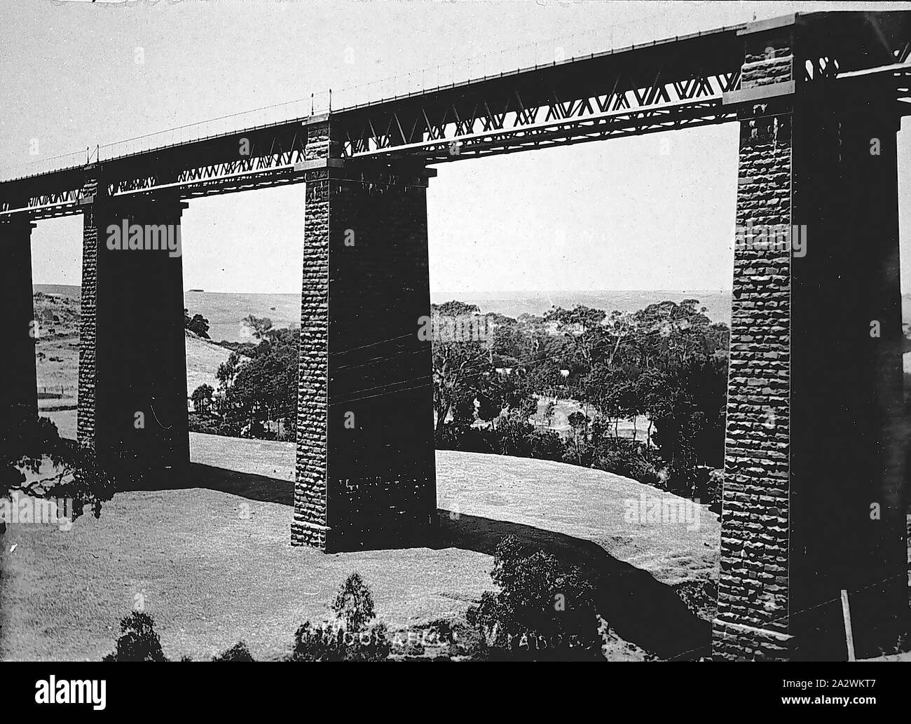 Negative - Moorabool, Geelong, Victoria, circa 1910, Looking past the Moorabool Viaduct towards farmlands Stock Photo