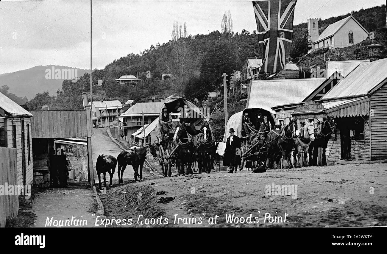 Negative - Woods Point, Victoria, 1913, Wagons loaded with supplies. The Church of England is on the hill at the right, Ross's Store is on the left and the reefer's hotel is on the right. The mine manager's house is at the end of the street Stock Photo