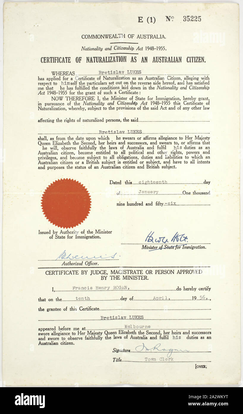 Naturalisation Certificate - Issued to Bretislav Lukes, Commonwealth of Australia, 18 Jan 1956, Naturalization certificate issued by the Commonwealth of Australia to Bretislav Lukes on 18 January 1956. Born 12 January 1922 in Stankou in Czechoslovakia, Bretislav claims to have worked for the Germans during the war in Junkers aircraft factory. He migrated to Australia in 1950 after spending time in an IRO camp following World War Two. Sent to Bonegilla upon arrival Stock Photo