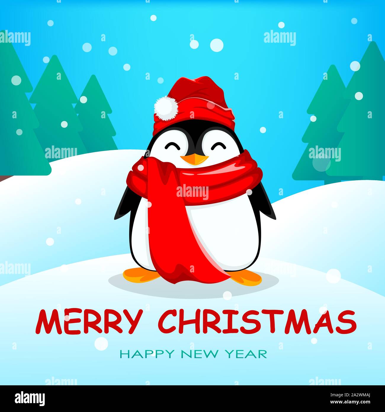 Cute little penguin in winter forest. Funny Christmas penguin cartoon character wearing warn hat and scarf. Vector illustration Stock Vector Image & Art - Alamy Cute little penguin in winter forest. Funny Christmas penguin cartoon character wearing warn hat and scarf. Vector illustration Stock Vector Image & Art - Alamy