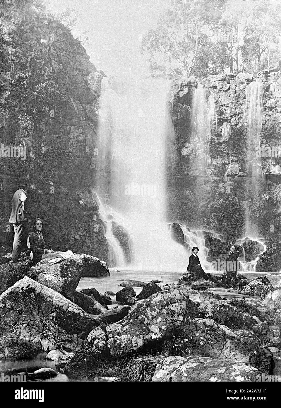 Negative - Group at the Base of Lal Lal Falls, Moorabool River, Victoria, 30 Sep 1896, A group of people at the base of the Moorabool Falls Stock Photo
