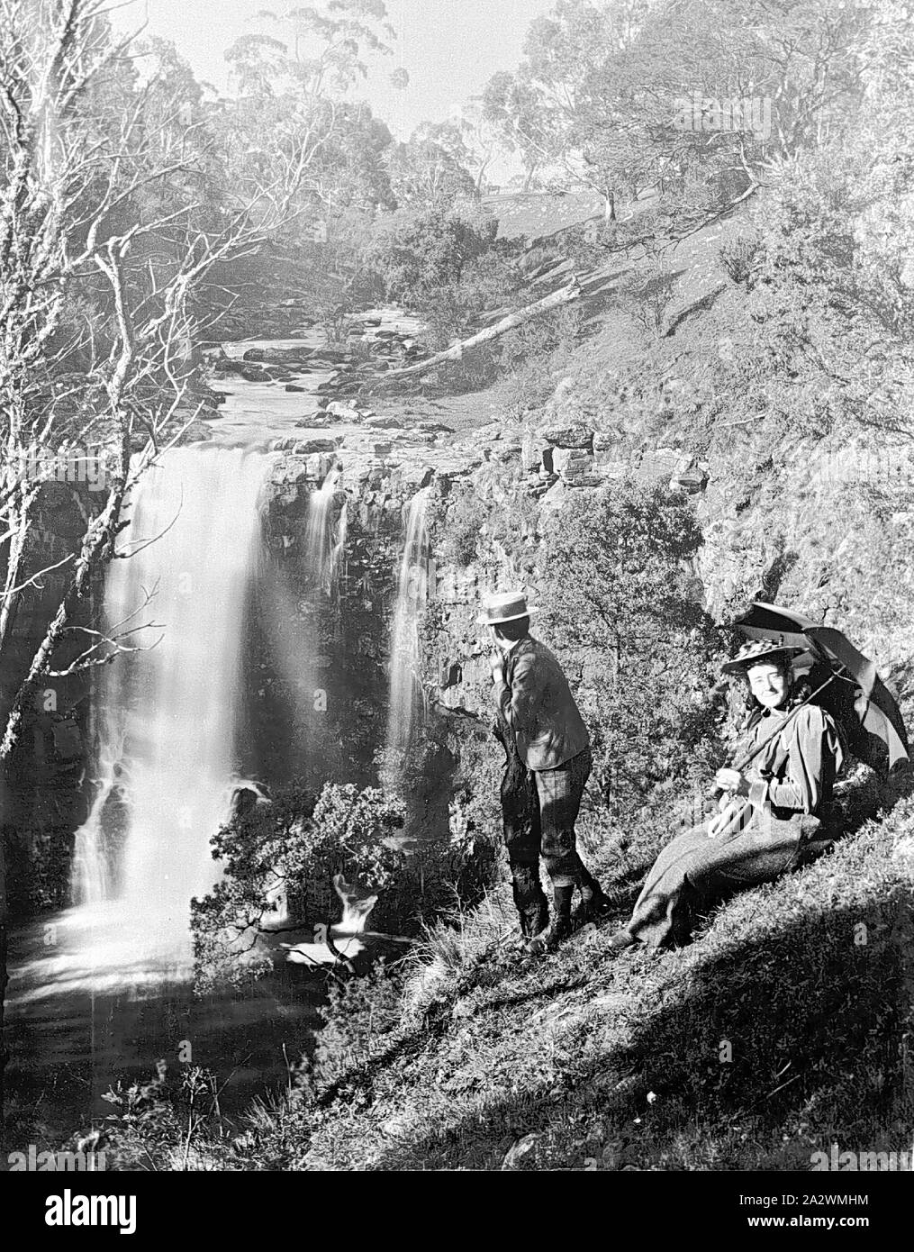 Negative - Man & Woman Beside Lal Lal Falls, Moorabool River, Victoria, 30 Sep 1896, A man and woman beside the Moorabool Falls Stock Photo