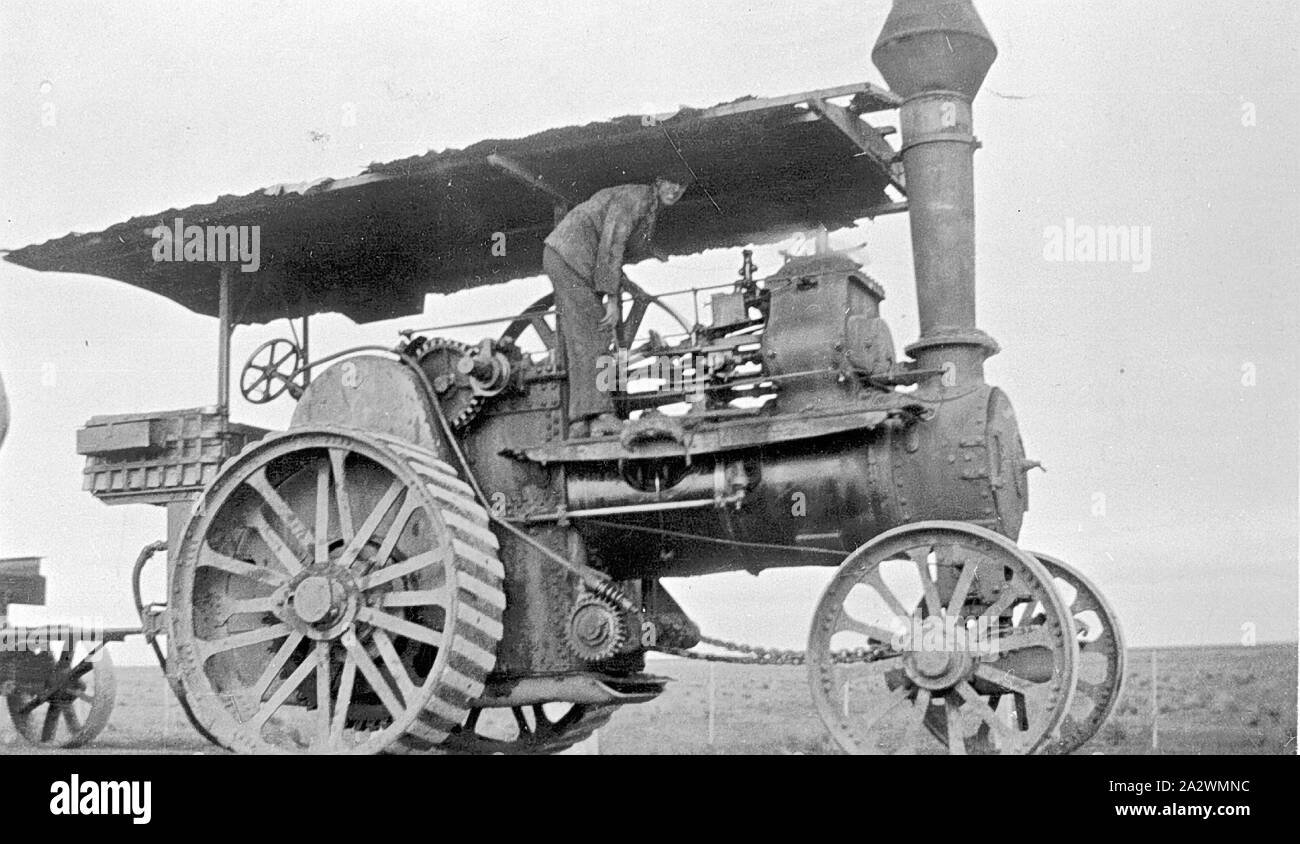 Negative - Man With Steam Traction Engine, Grenville District, Victoria, circa 1930, Man with steam traction engine Stock Photo