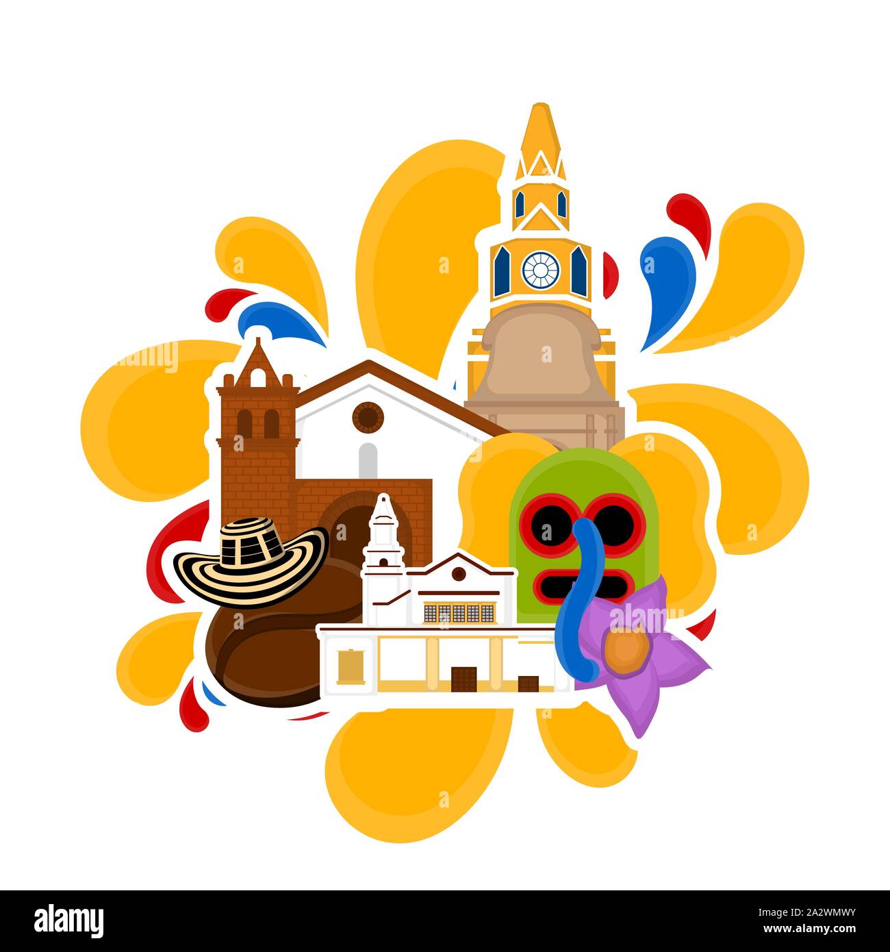 Church building with a hat and marimonda mask. Representative image of colombia - Vector Stock Vector