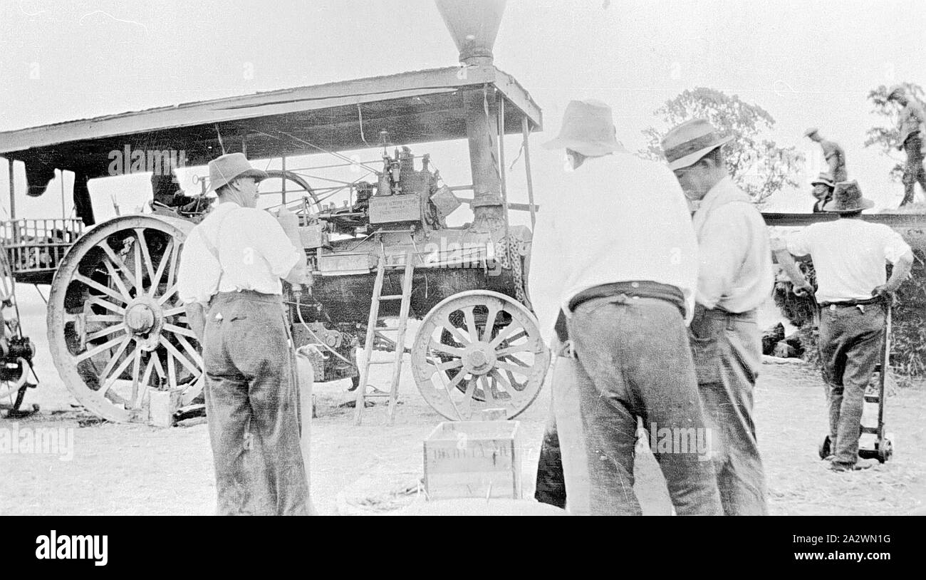 Negative - Men With a Steam Traction Engine, Moyston, Victoria, circa 1925, Men with a Fowler steam traction engine Stock Photo