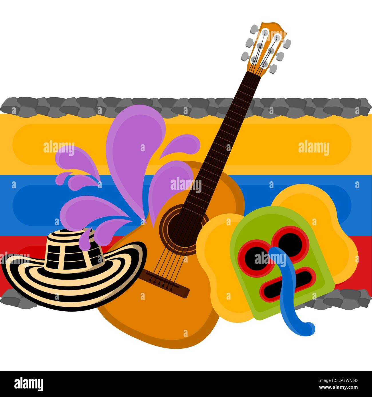 Sombreo vueltiao, marimaonda mask and guitar over a flag of Colombia. Representative image of colombia - Vector Stock Vector
