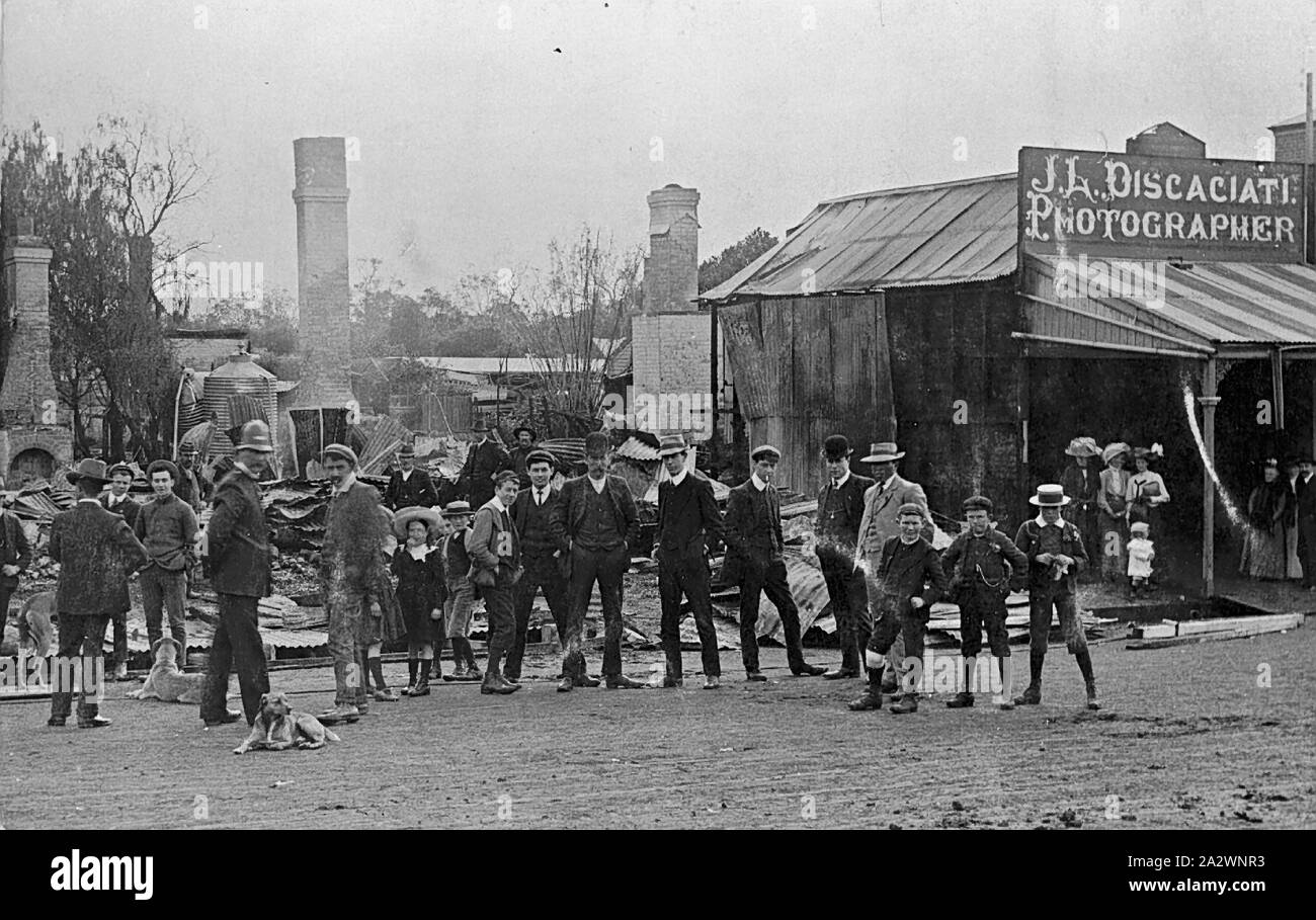 Negative - Warracknabeal, Victoria, 1910, 'The Argus' reported on Tuesday 23 August 1910, A fire occurred about 1 o'clock this morning in Scott-street, as a result of which three shops were totally destroyed, and another was badly damaged. The origin of the fire is unknown, but it is believed to have broken out in premises occupied by G. Phillips and owned by W.C. Cutts, of Geelong Stock Photo
