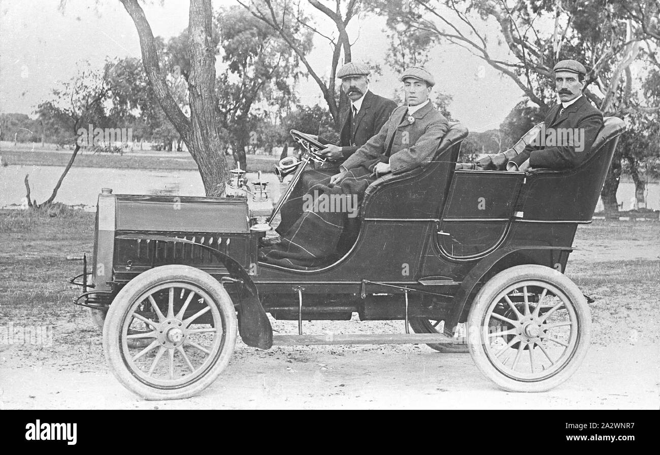 Negative - Warracknabeal, Victoria, 1908, A Pope motor car at Yarriambiac Lake. The first motor car in Warracknabeal Stock Photo