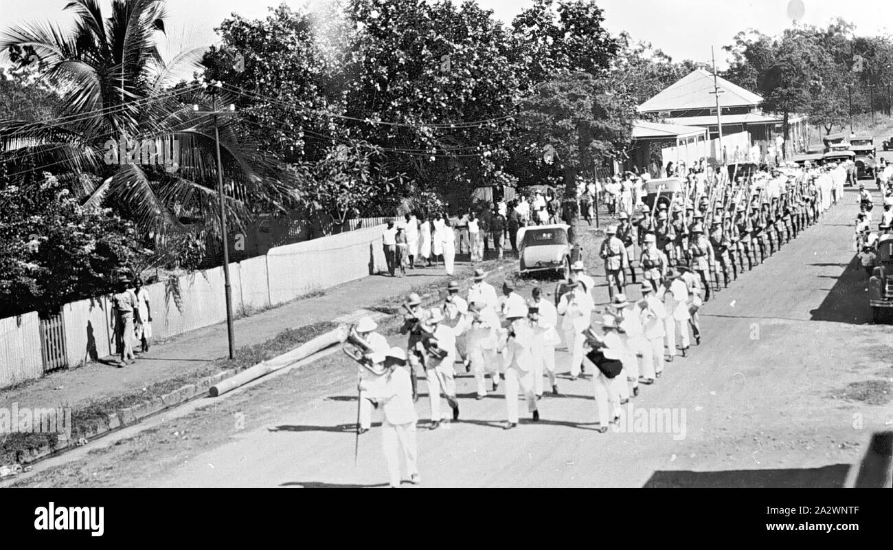 Negative - Darwin, Northern Territory, circa 1935, The Darwin Civilian Band and the Darwin Army Garrison marching, possibly in the Armistice Day ceremonies Stock Photo