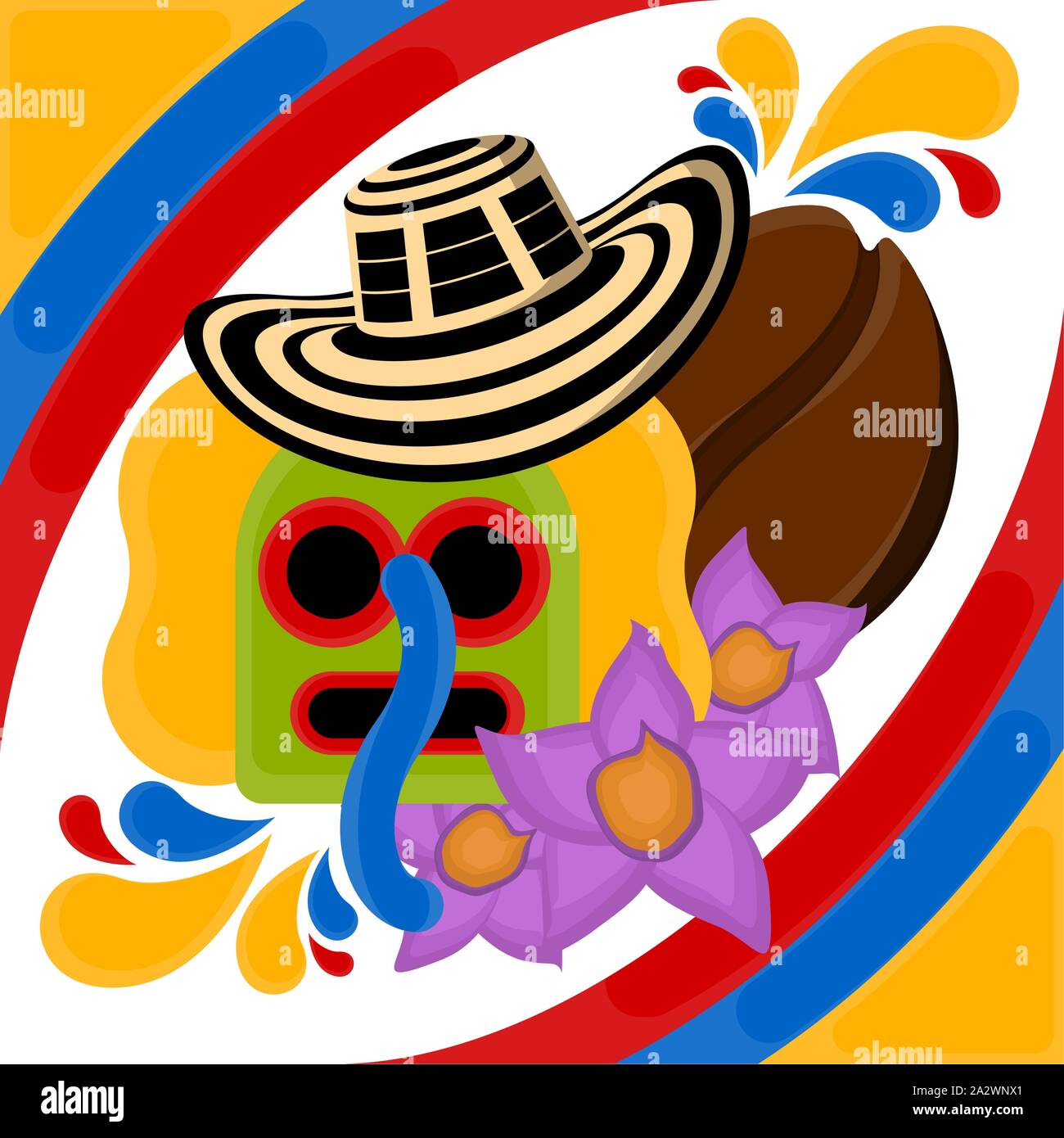 Marimonda mask with a sombreo vueltiao, coffee bean and flowes. Representative image of colombia - Vector Stock Vector