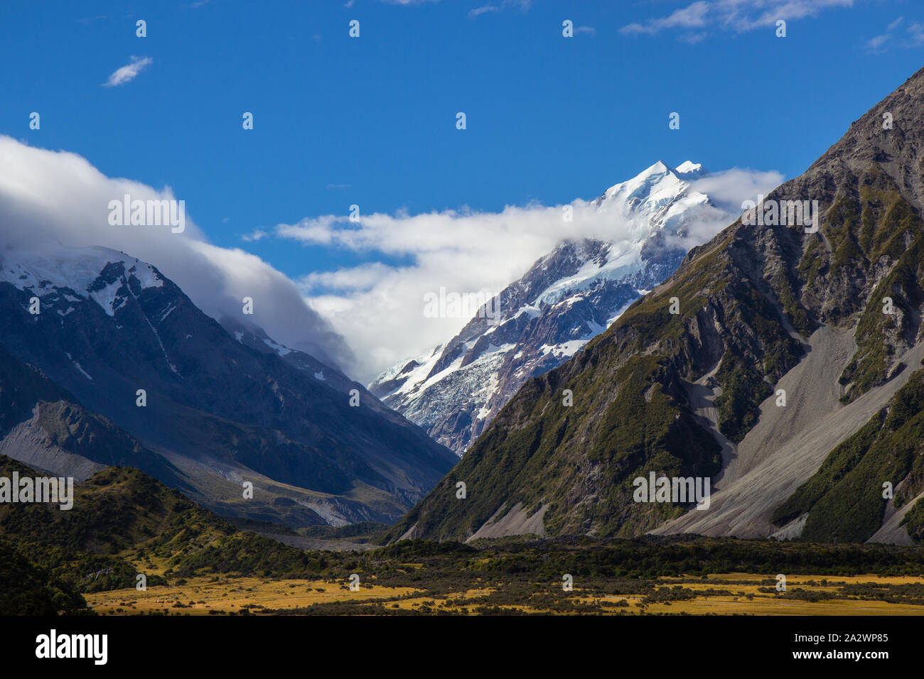 view of Mount Cook and surrounding mountains from Aoraki Mount Cook ...