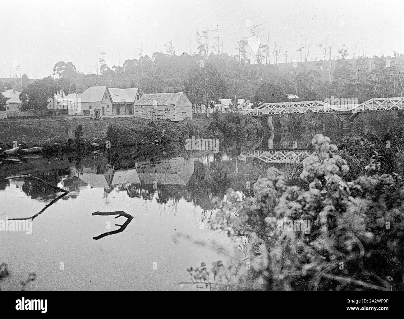 Negative - Forth, Tasmania, circa 1900, The bridge over the Forth River. The Forth township is on the left Stock Photo