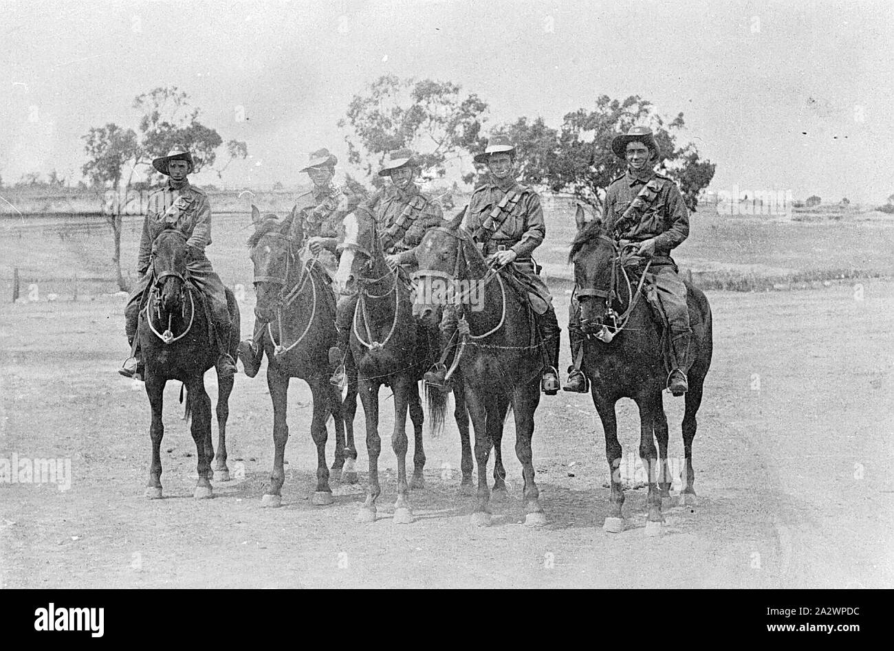Negative - Ballarat District, Victoria, circa 1920, Five soldiers of the light horse brigade on horseback Stock Photo
