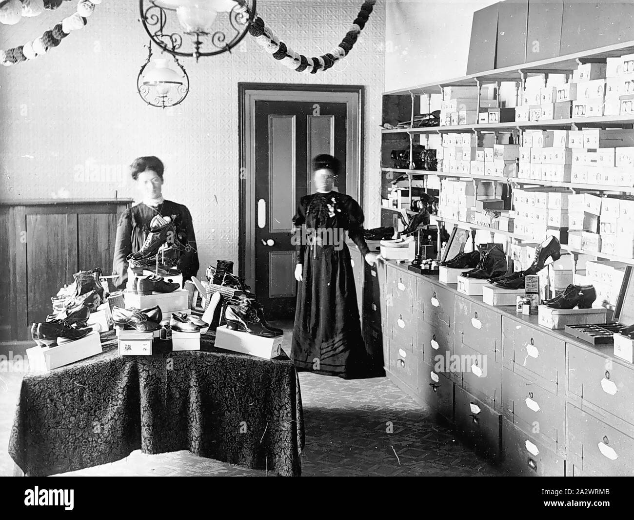 Negative - Ladies Bootroom, J.W. Trangmar General Store, Coleraine, Victoria, 1906, Ladies bootroom at the J. W. Trangmar General Store Stock Photo