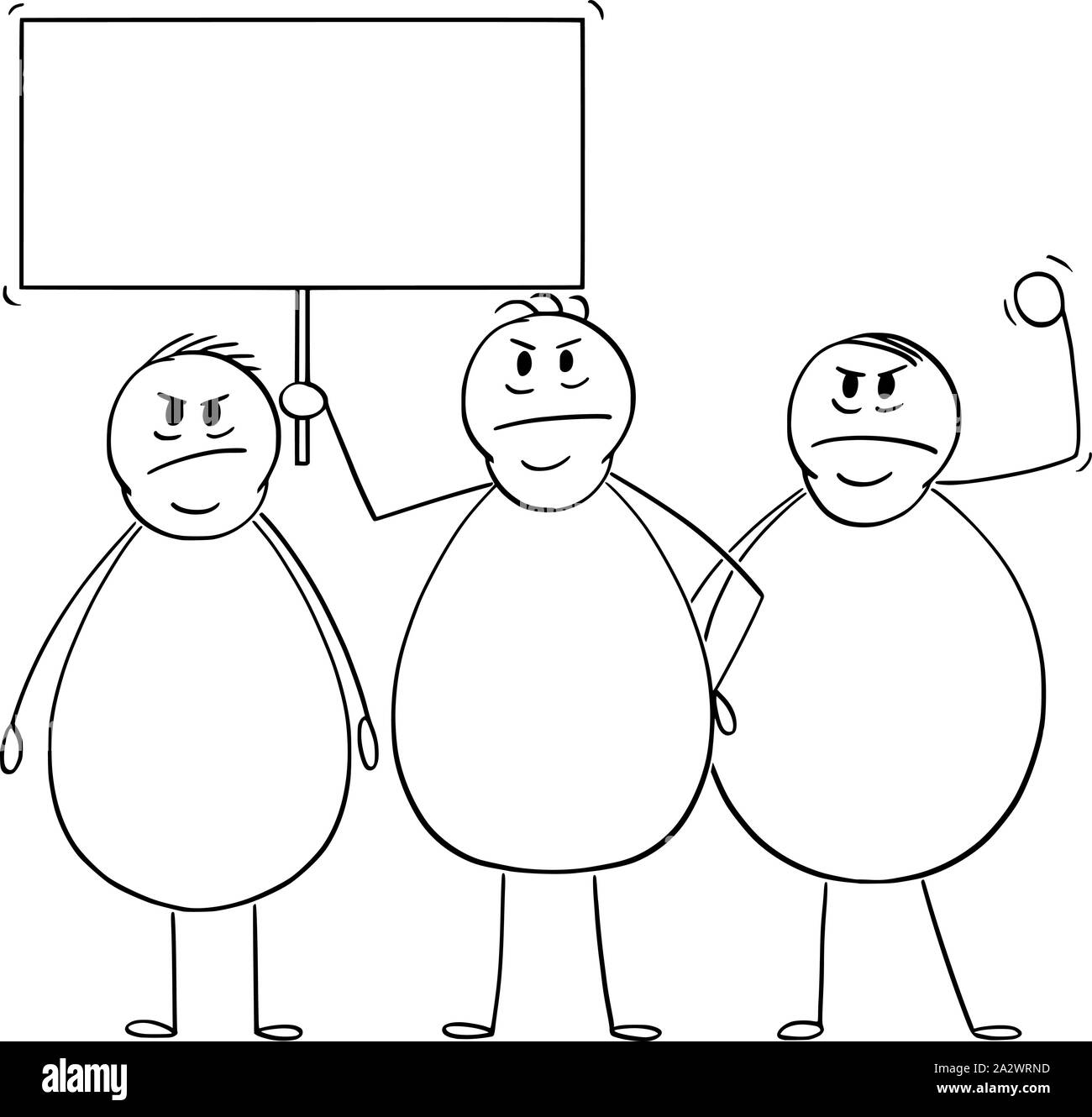 Vector cartoon stick figure drawing conceptual illustration of group of three angry overweight or fat men demonstrating or protesting with empty sign. Stock Vector