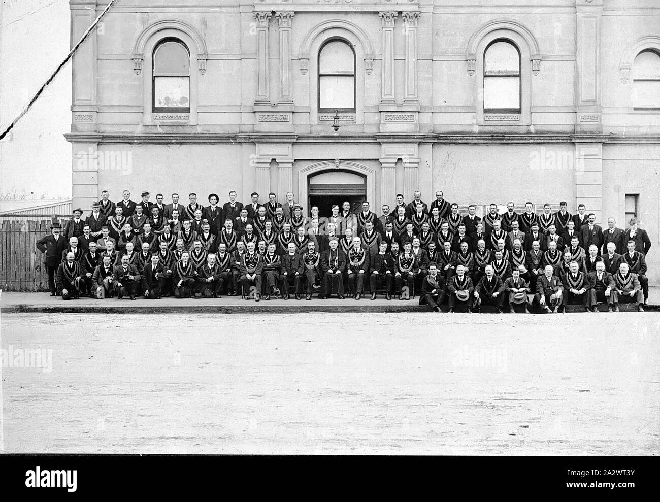 Negative - Hibernian Society, Bendigo, Victoria, circa 1917, The annual conference of the Hibernian Society. The Bendigo Town Hall is in the background Stock Photo