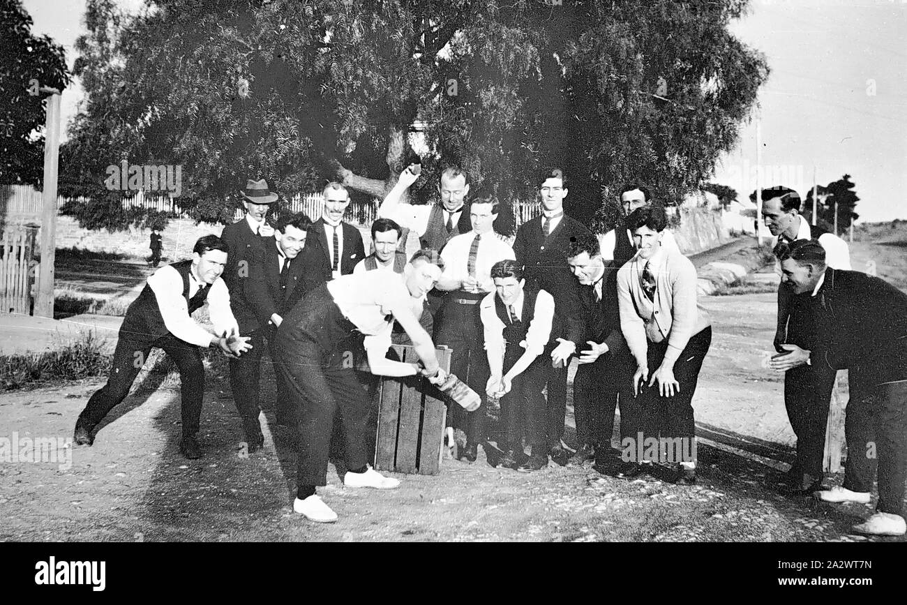 Negative - Castlemaine, Victoria, circa 1923, The boarders cricket team outside Campbell House. A packing crate serves as the stumps Stock Photo